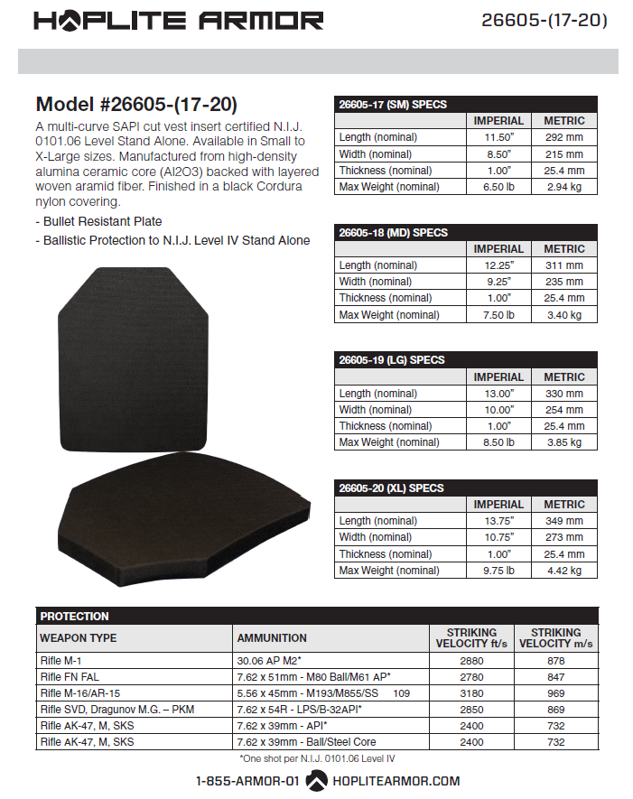 Hoplite Body Armor Swimmer/SAPI Plate Combo- Level IV (26605) - ArmorLite USA